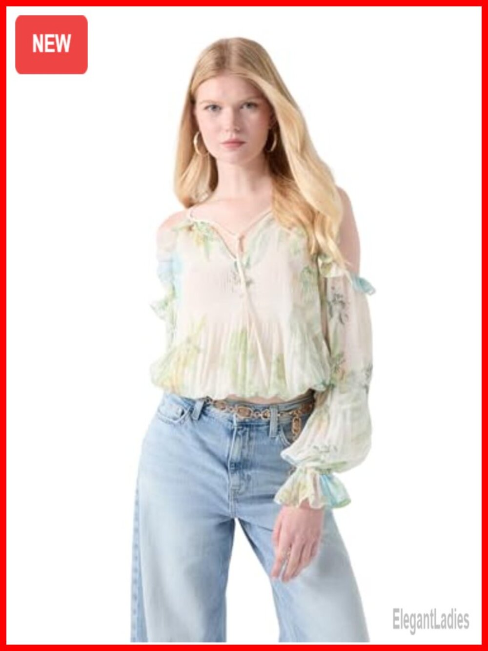 Guess Emily Cold Shoulder Chiffon Blouse Balloon Sleeves